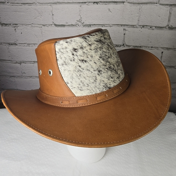 Accessories - Tan Leather Cowboy Hat With Real Cowhide Hair Inset Euc